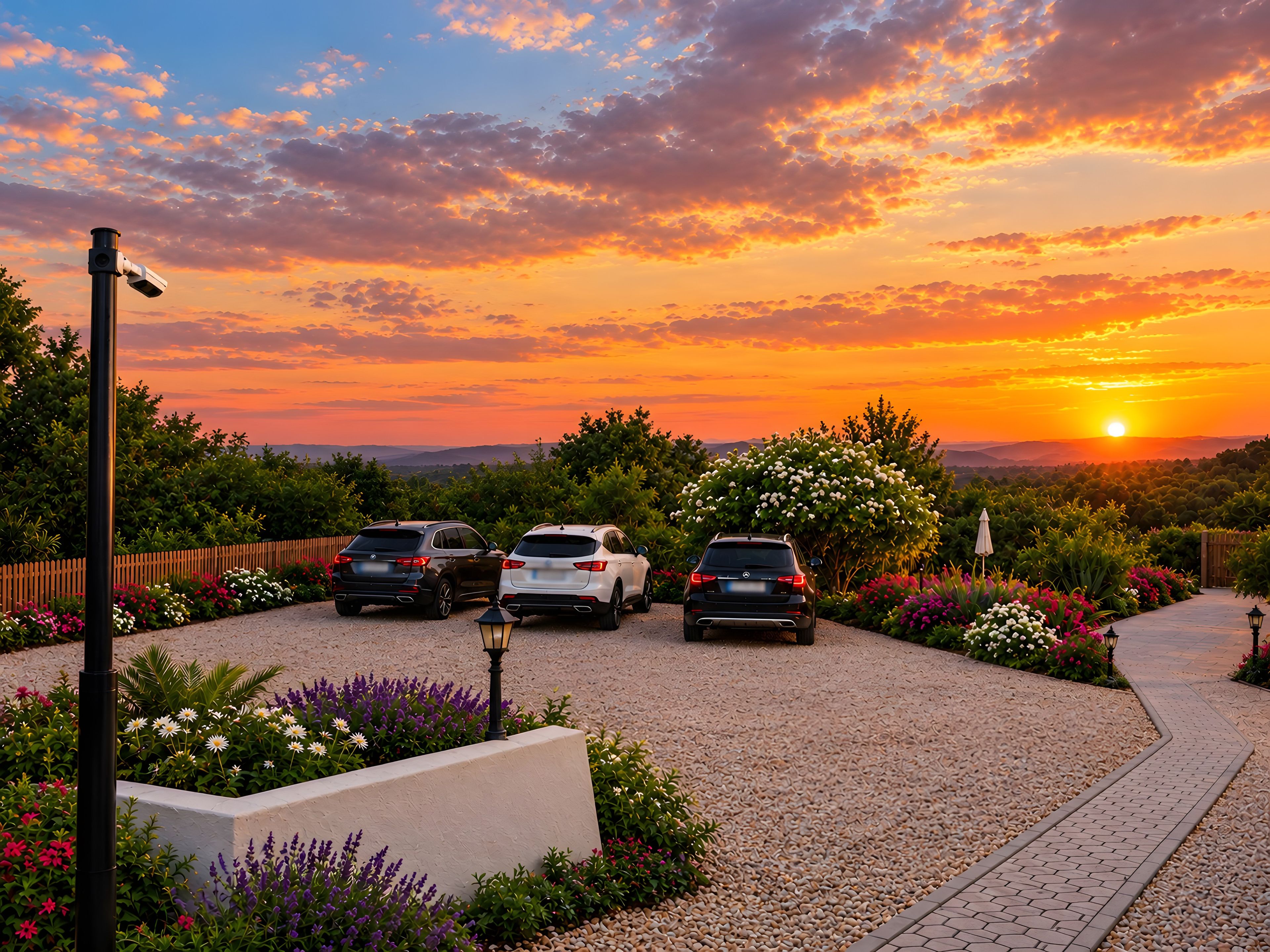 A driveway with three cars parked, surrounded by landscaped gardens and a sunset in the background.