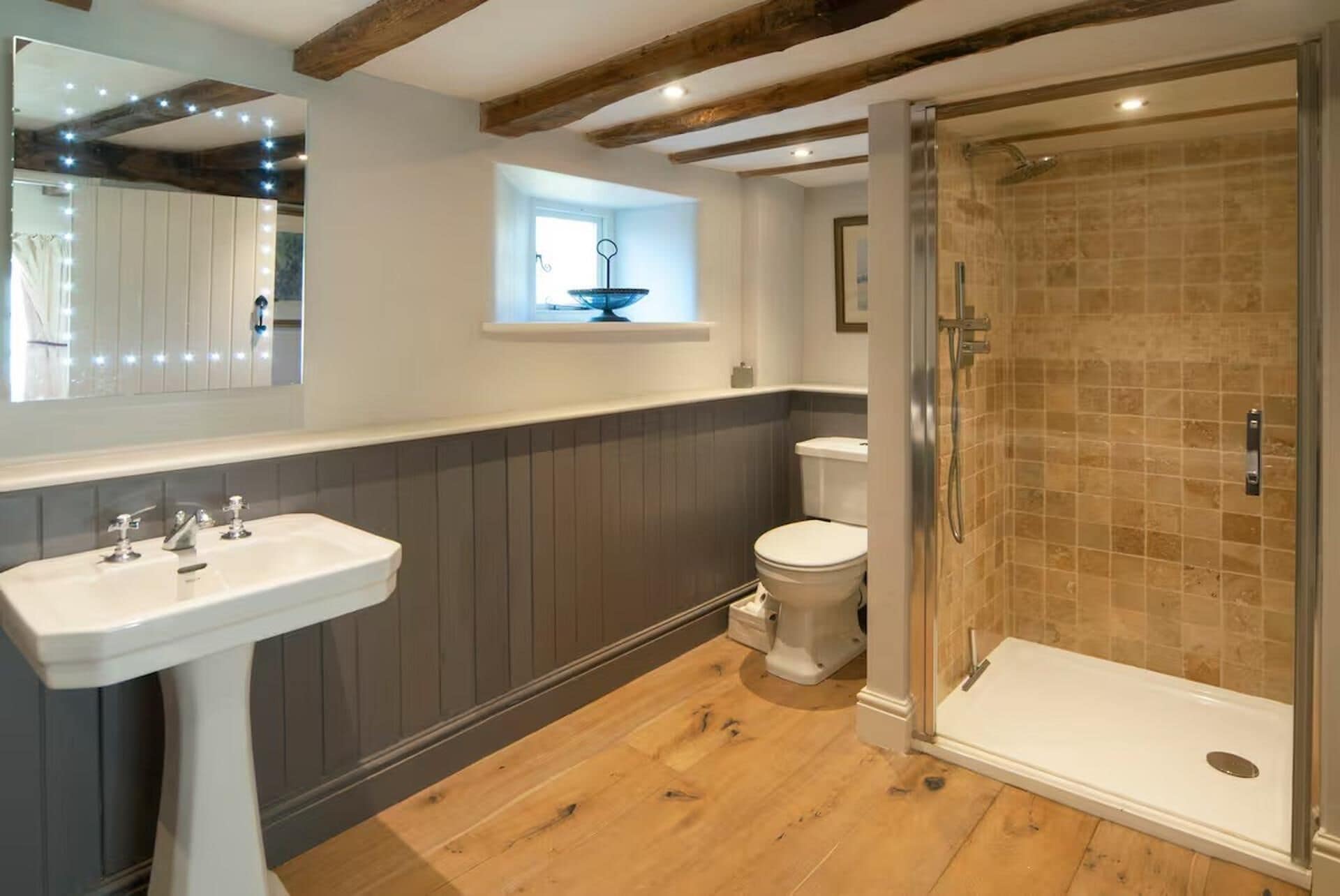 Separate bathtub and shower, deep-soaking bathtub, towels