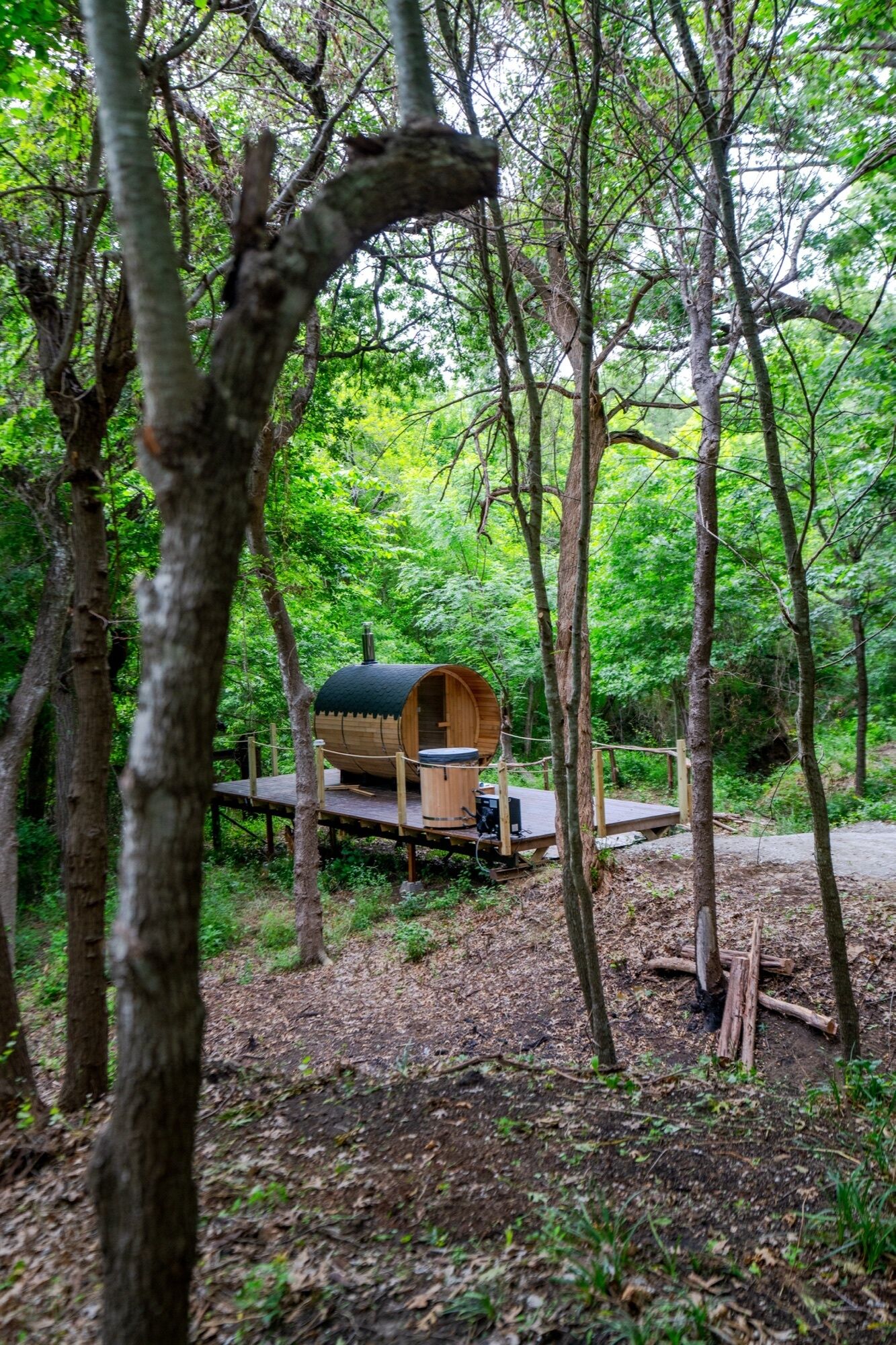 Une cabane en bois rustique, dotée d’une terrasse, entourée d’une forêt dense.
