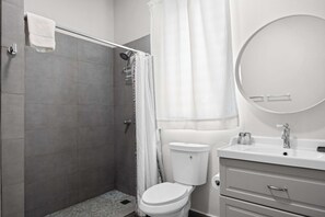 Shower, hair dryer, towels, shampoo