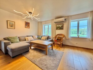 A living room with a grey sofa, a wooden coffee table, and a wicker chair. There are two windows with curtains, an air conditioning unit, and framed pictures on the walls. - Large, lovingly renovated farmhouse – nature, hot tub, sauna, and boat (Olofström)