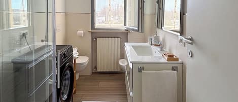 Shower, hair dryer, bidet, towels