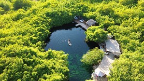 An aerial view of a secluded water body surrounded by dense greenery, with a dock and a small boat. - Casa Florentina (Tulum)