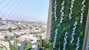 Un balcón con vista a un paisaje urbano, una pared verde con flores blancas colgantes y dos macetas con plantas de hojas variegadas.
