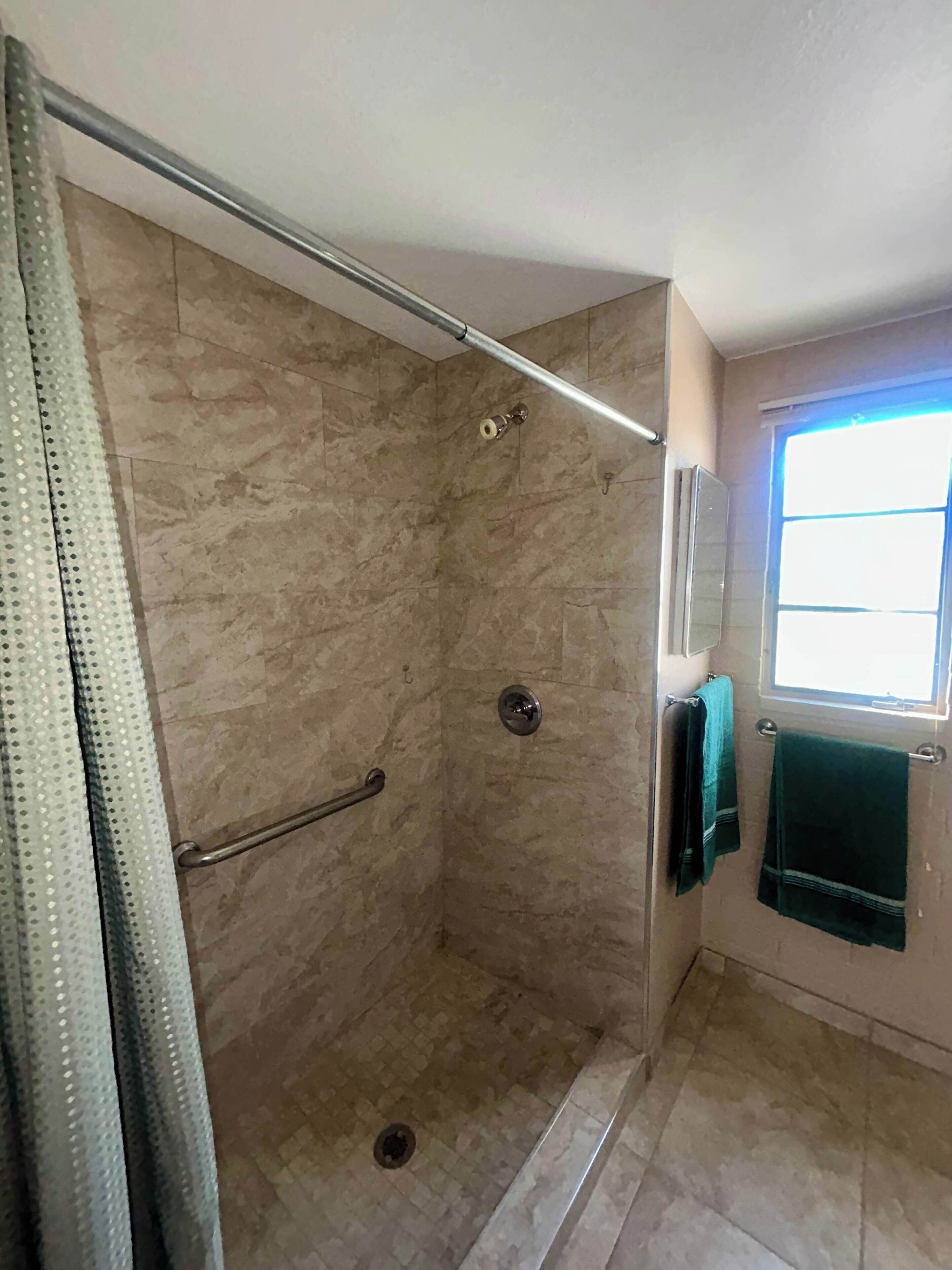 Shower, hair dryer, towels