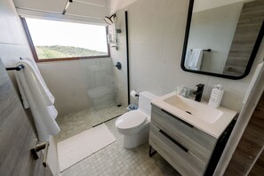 Dusche, Haartrockner, Handtücher, Seife