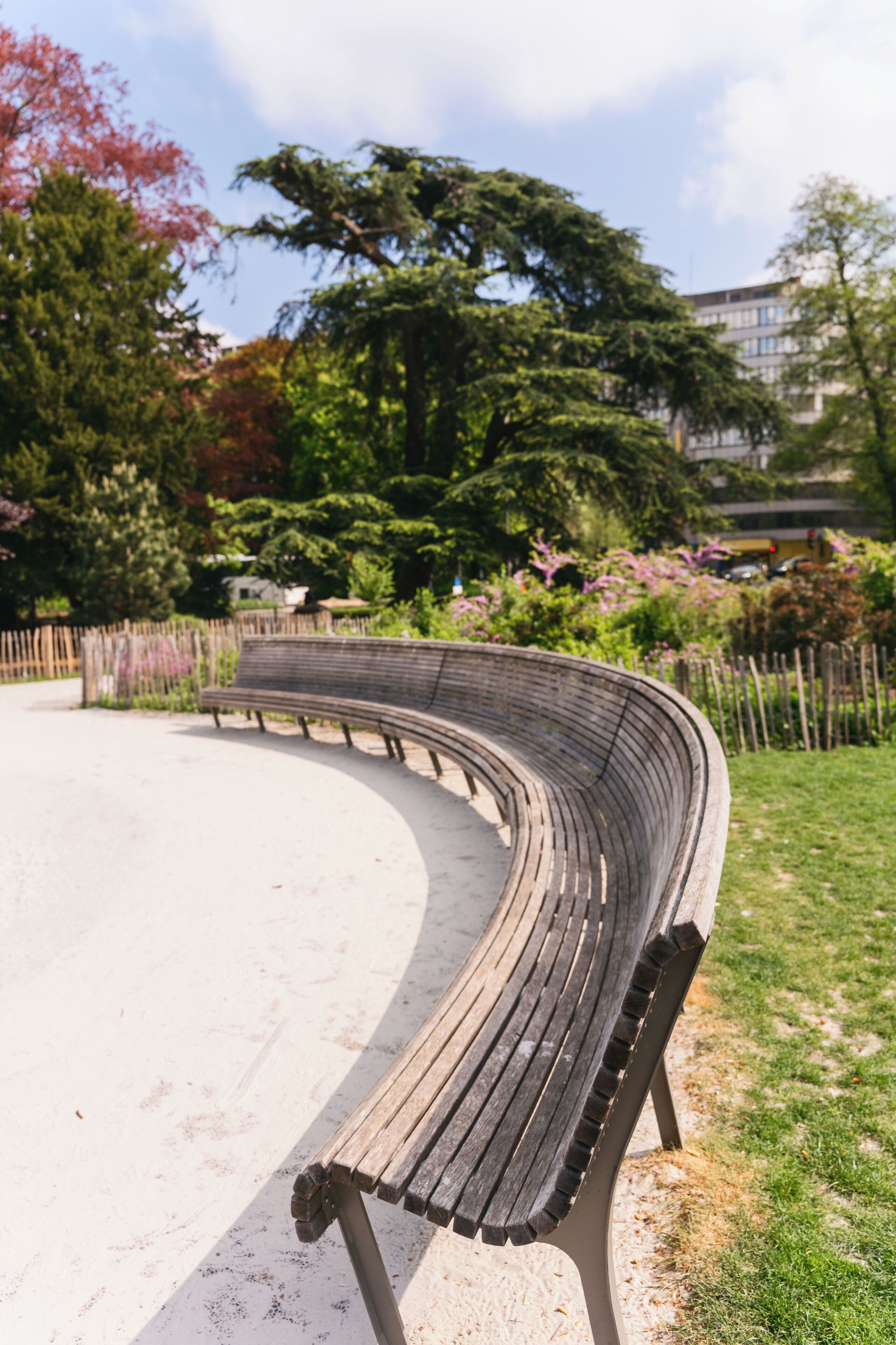 A curved wooden bench in a park with trees and a building in the background.