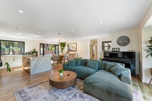 Smart TV, fireplace, books