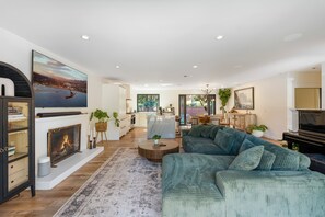Smart TV, fireplace, books