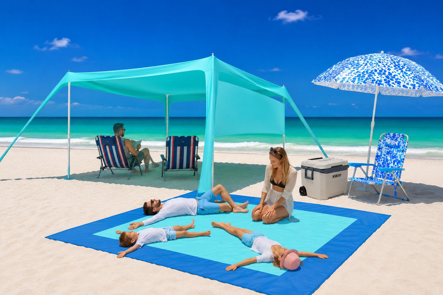 A beach scene with a tent, beach chairs, and a cooler.