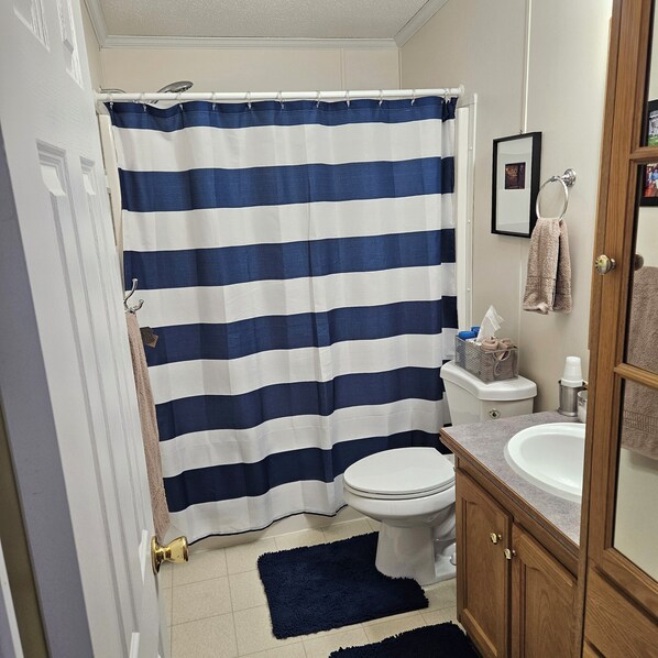 Hair dryer, towels, soap, toilet paper