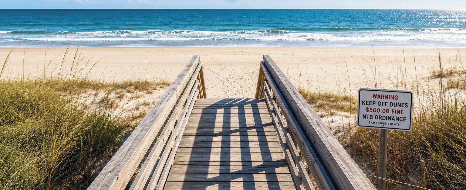 Ein Holzsteg, der zu einem Strand führt, mit einem Warnschild, das darauf hinweist, die Dünen zu schonen.