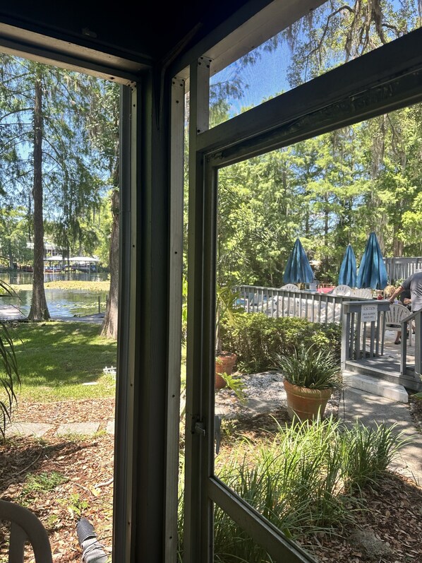 A view through a glass door of an outdoor area with a wooden deck, potted plants, and a water body.
