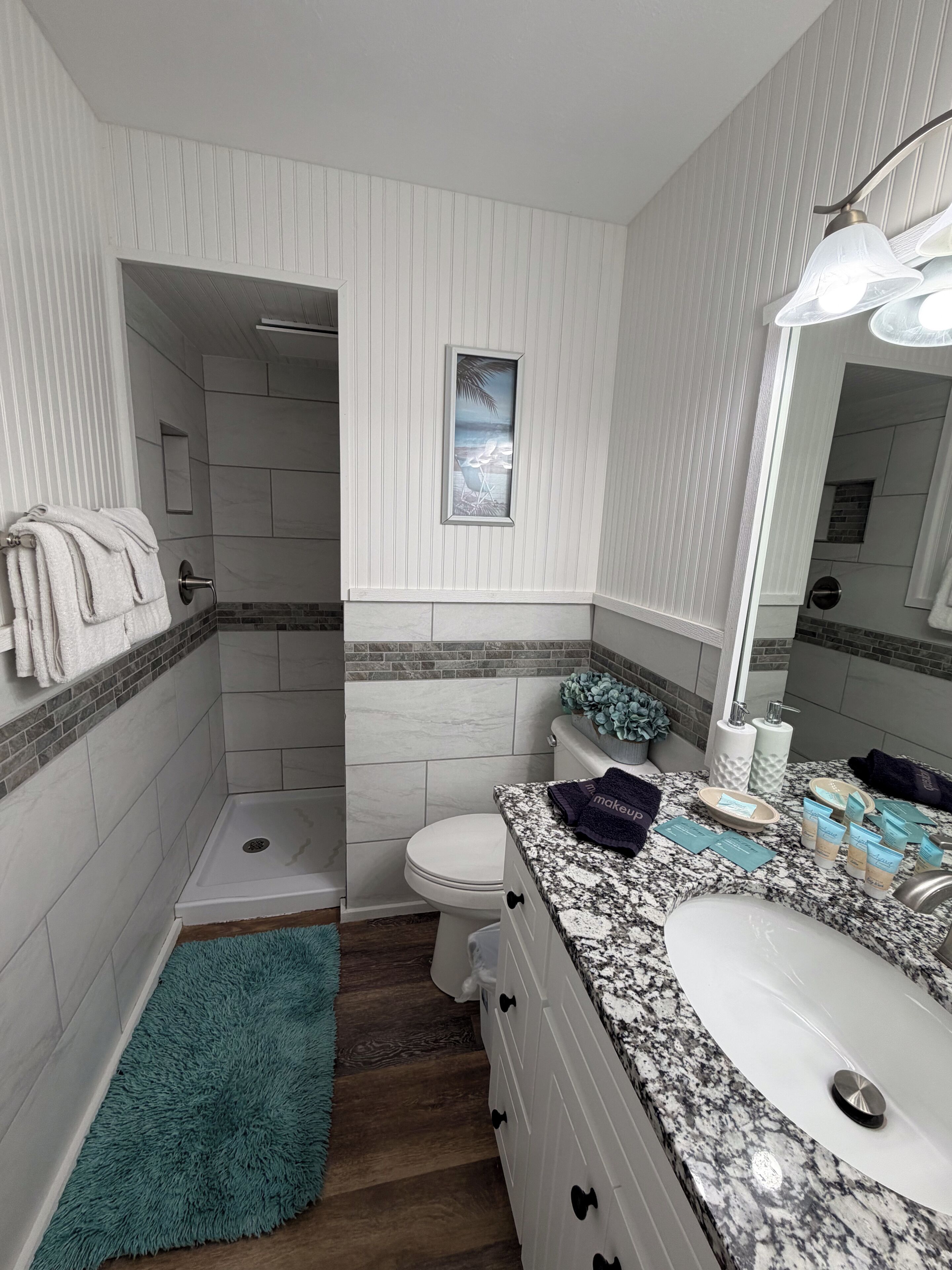 A bathroom with a shower, toilet, vanity with a sink, and a mirror.