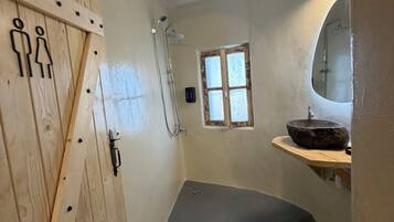 Shower, towels, soap, toilet paper