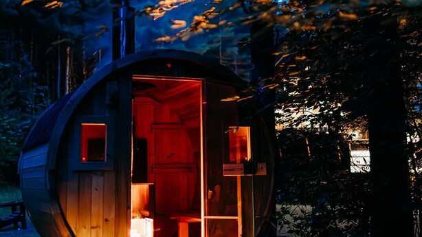 Een houten vakantiehuisje met een open indeling, een schoorsteen en een klein terras met verlichting.