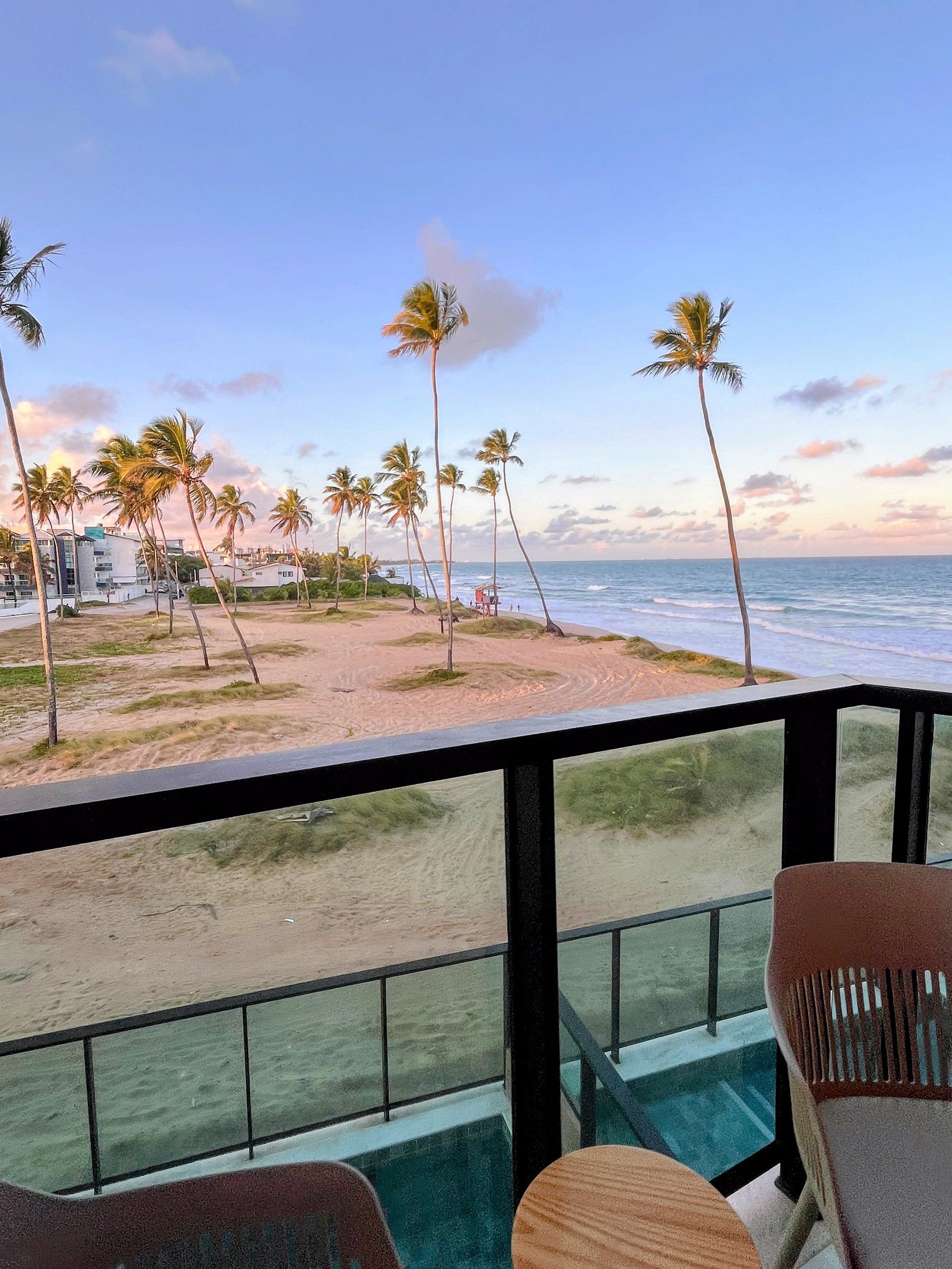 A beach view from a balcony with palm trees, a sandy beach, and the ocean.