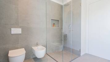 Shower, hair dryer, bidet, towels