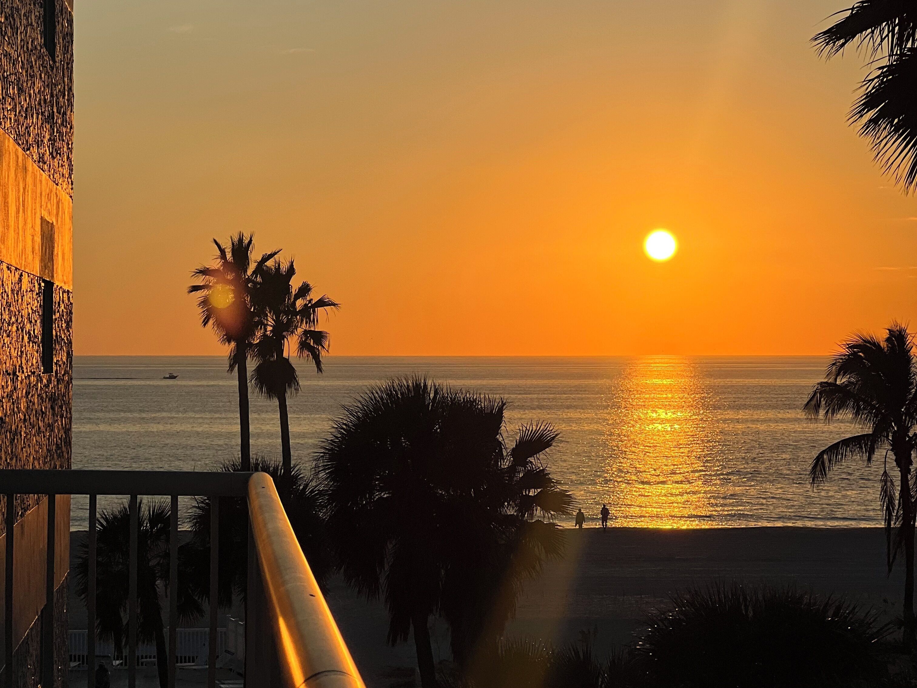 Sonnenuntergangsblick von einem Balkon mit Blick auf einen Strand, Palmen und ein ruhiges Meer.