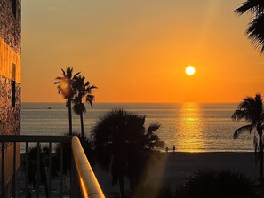 Sonnenuntergangsblick von einem Balkon mit Blick auf einen Strand, Palmen und ein ruhiges Meer.
