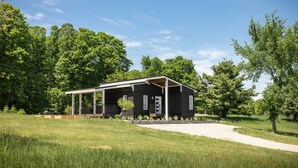 Eine moderne schwarze Blockhütte mit überdachter Veranda, umgeben von einer grünen Wiese und Bäumen.