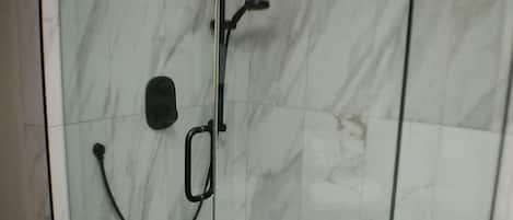 Jetted bath, hair dryer, towels, soap