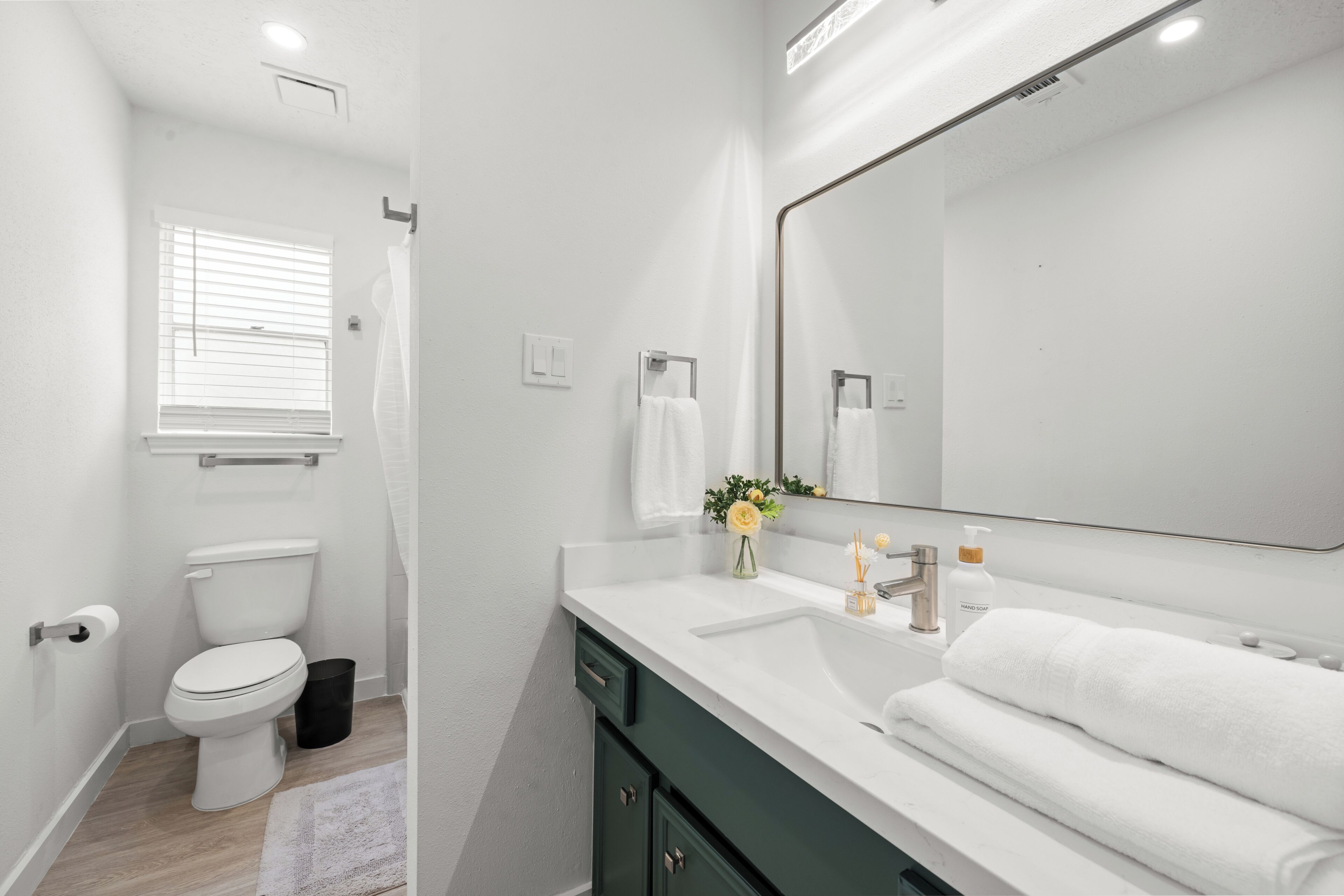 Hair dryer, towels, soap, shampoo