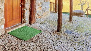 A stone building with a wooden door, a green mat, and a stone wall.