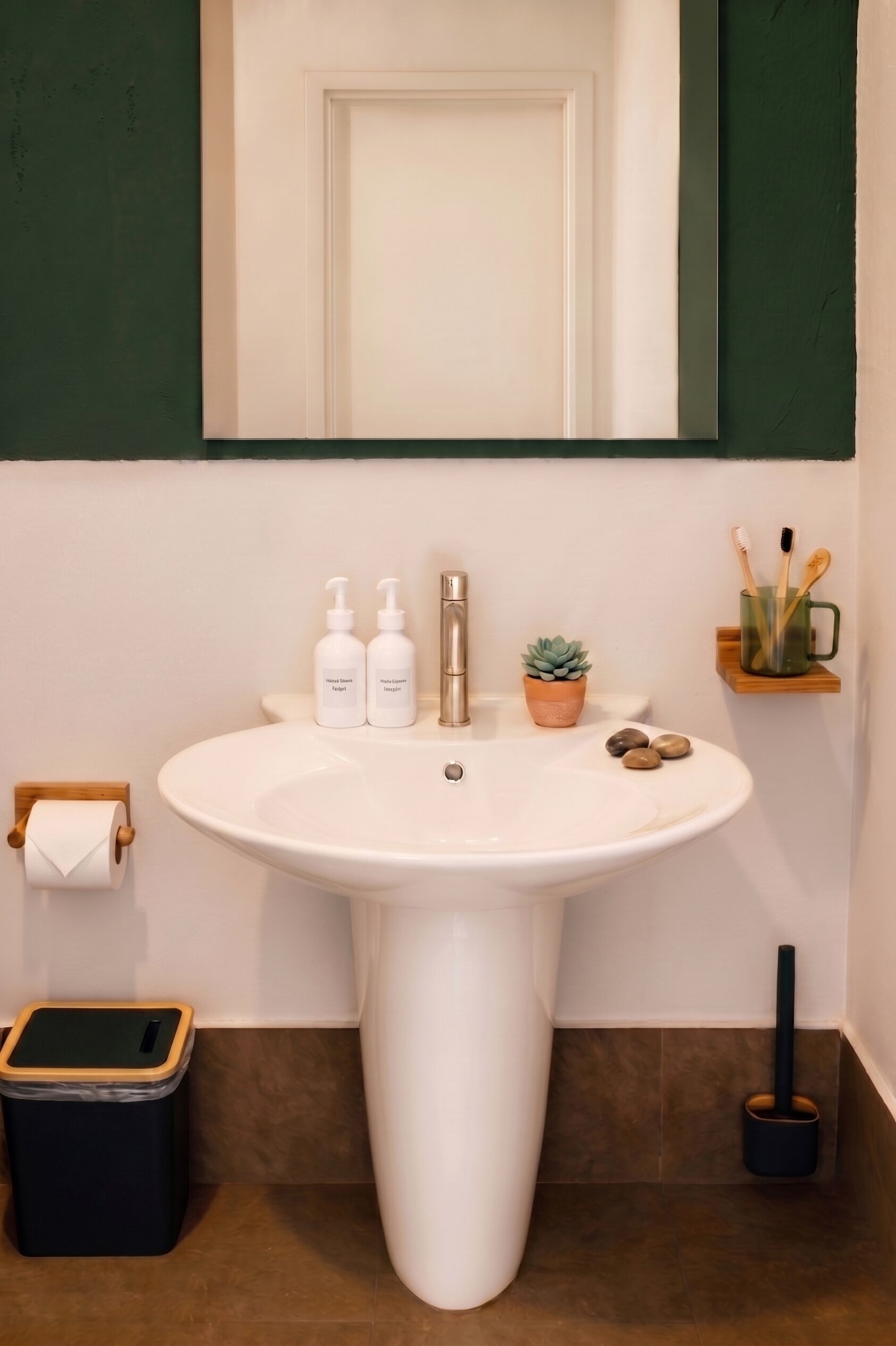 A bathroom with a white sink, two bottles of shampoo, a potted plant, and a trash bin.