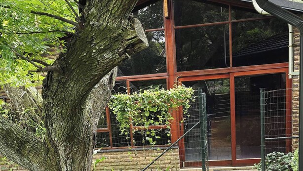 Un sendero en un jardín que lleva a un edificio con puerta de vidrio y un porche cubierto.