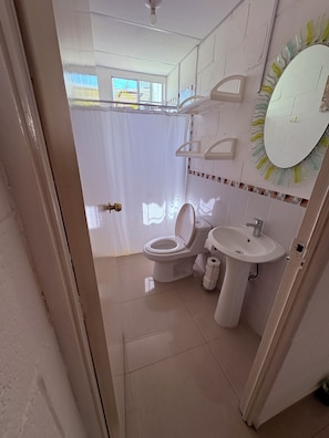 Shower, hair dryer, towels, toilet paper