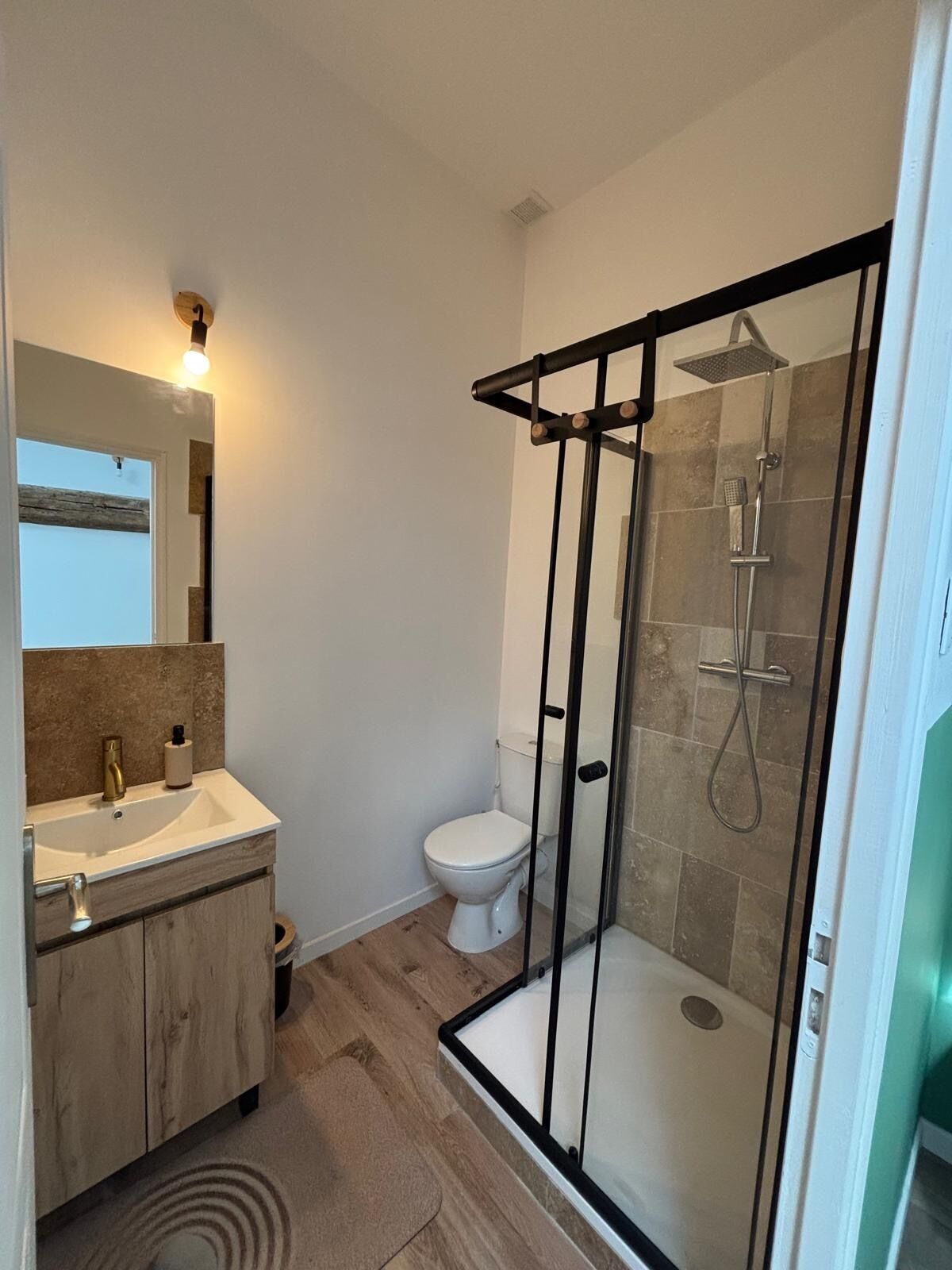 Un baño moderno con cabina de ducha de vidrio, inodoro y tocador con lavabo y espejo.