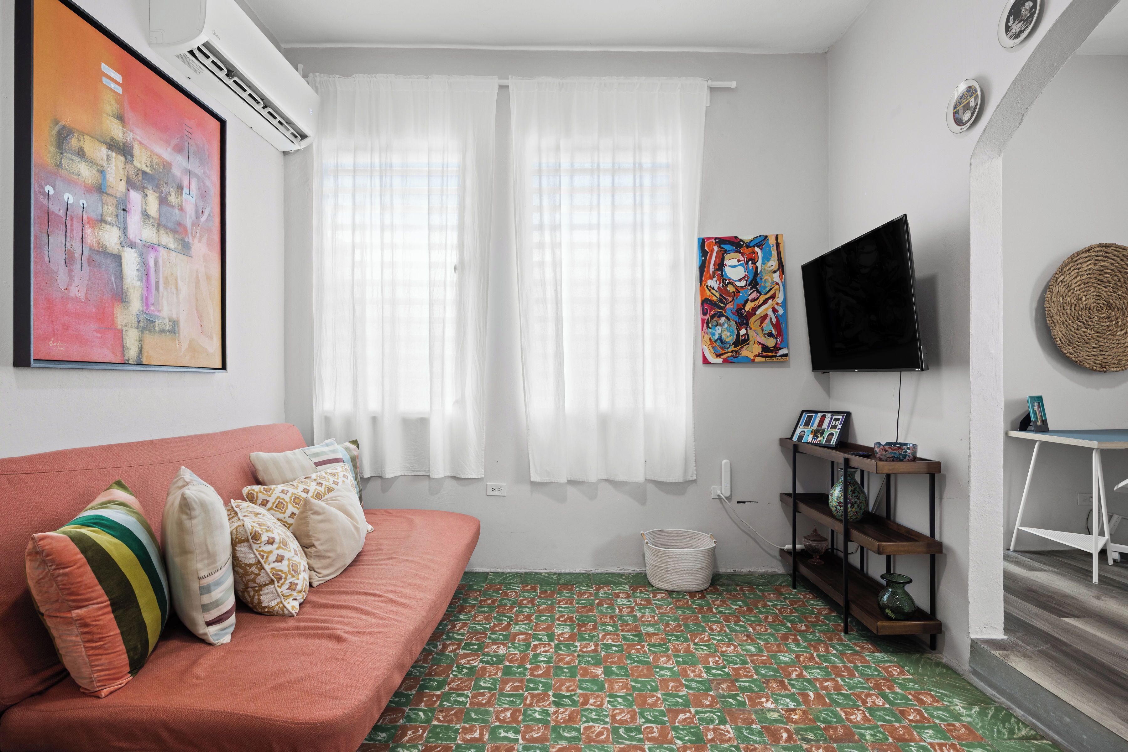 Een woonkamer met een bank, kussens, een televisie, een kunstwerk aan de muur en een vloerkleed met dessin.