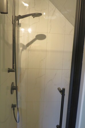 Shower, hair dryer, towels, toilet paper
