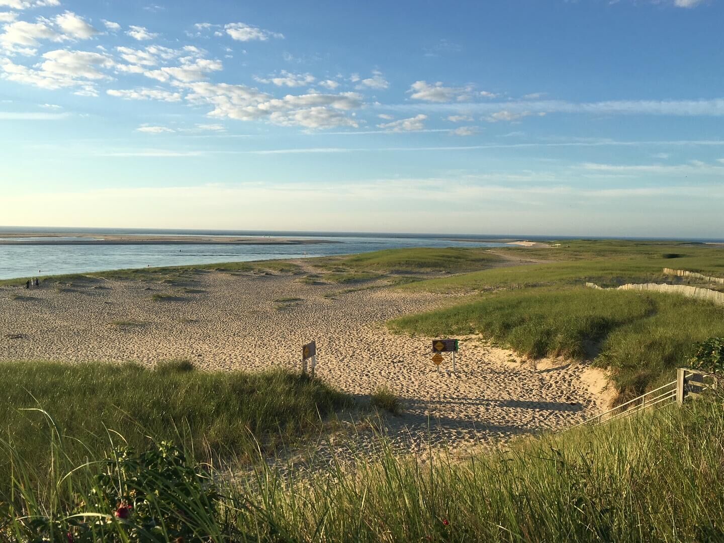 Ein Strand mit einem Sandweg, der zum Wasser führt, umgeben von grasbewachsenen Dünen.