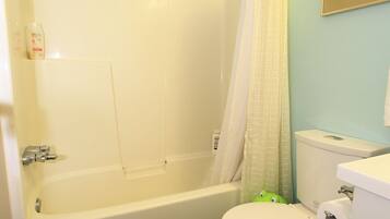Hair dryer, towels, soap, shampoo