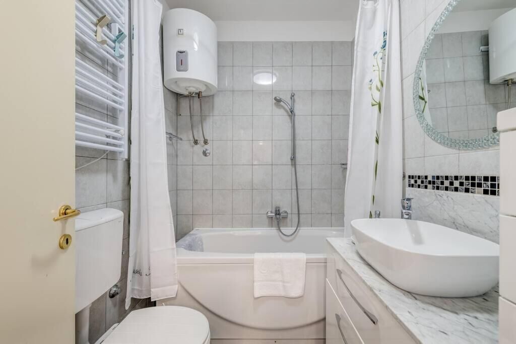 Hair dryer, towels, soap, toilet paper