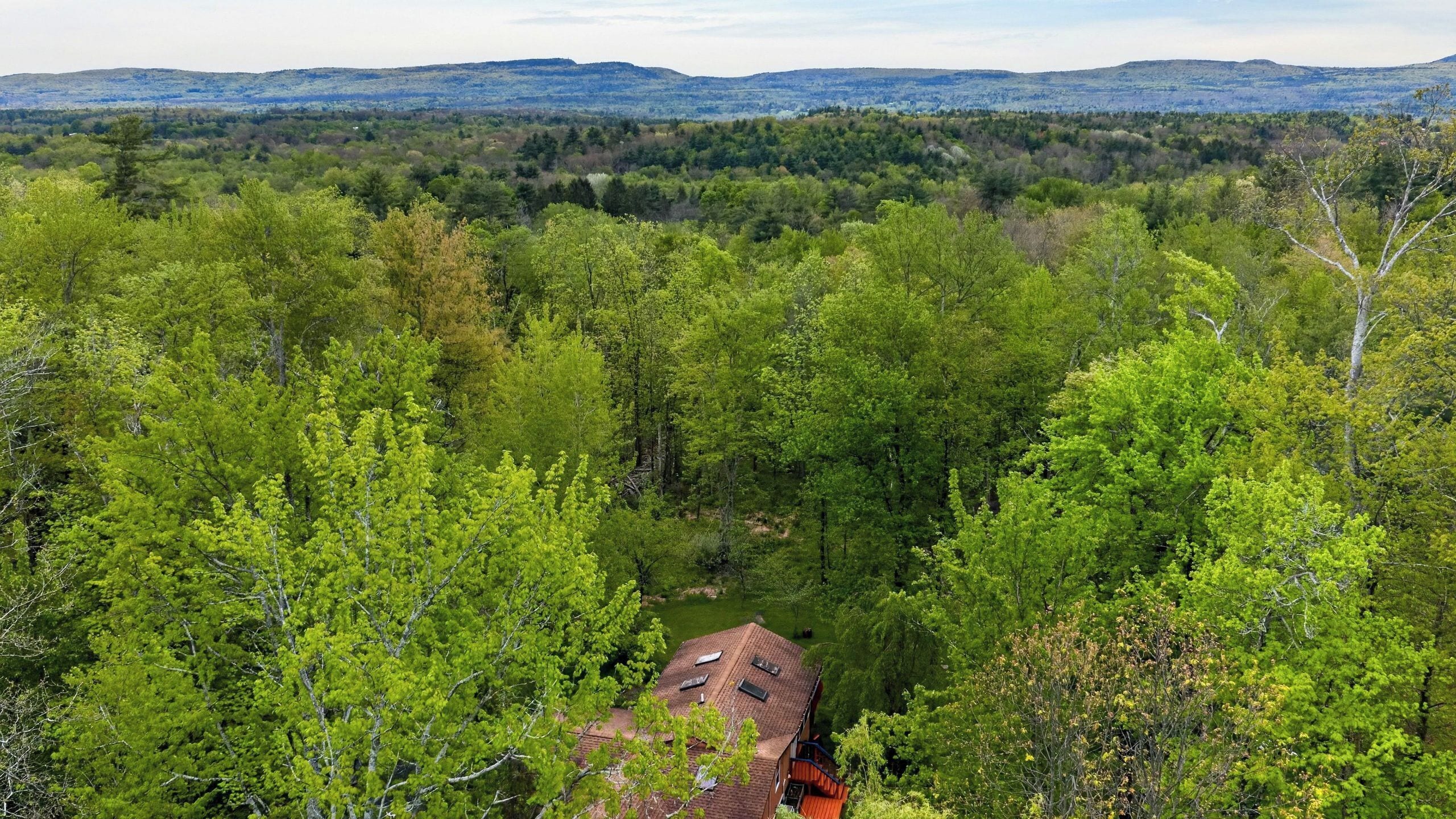 Une maison entourée d’une forêt dense, avec vue sur des collines lointaines.