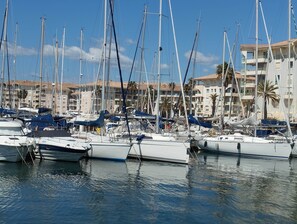 Ein Yachthafen mit mehreren Segelbooten, umgeben von Gebäuden mit Balkonen und Palmen.