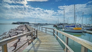 Un muelle de madera que conduce a un puerto deportivo con barcos amarrados.