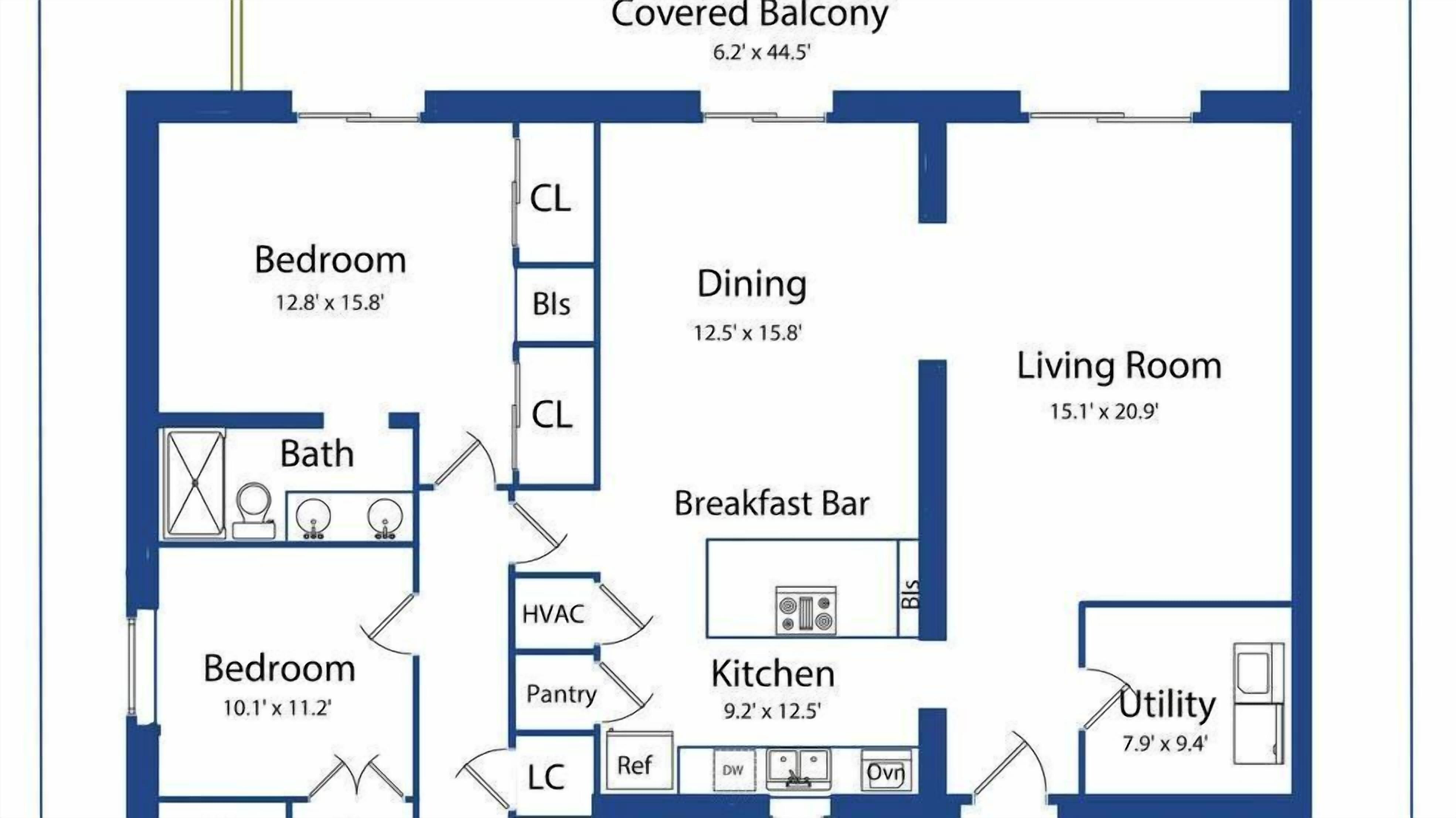 A floor plan with a covered balcony, two bedrooms, a dining area, a living room, a bathroom, a breakfast bar, a kitchen, a pantry, a utility room, and HVAC.