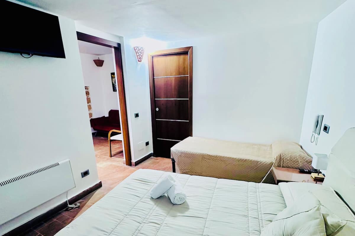 Habitación de hotel con cama, televisión, armario y puerta que da a otra habitación.