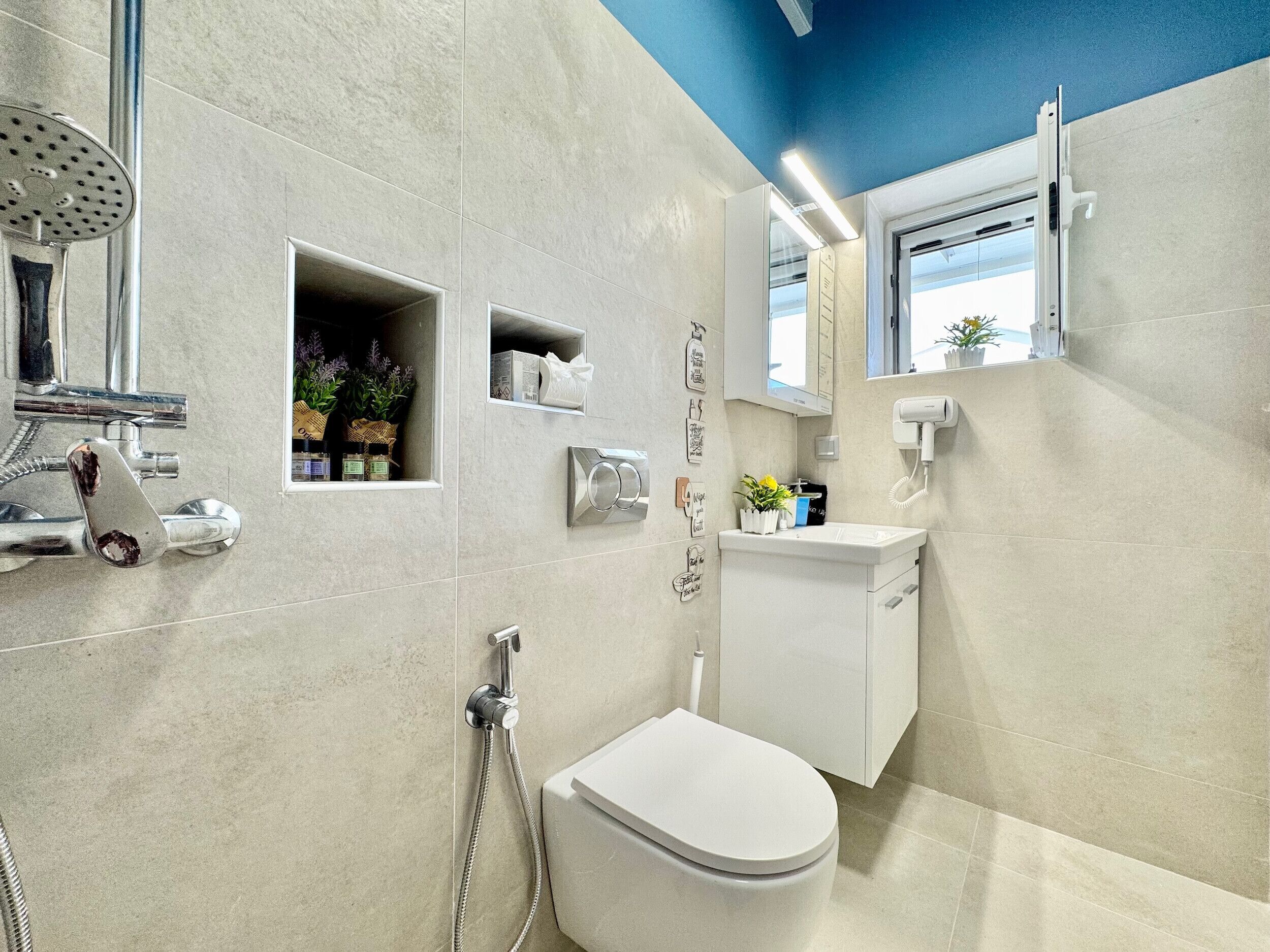 Shower, hair dryer, towels
