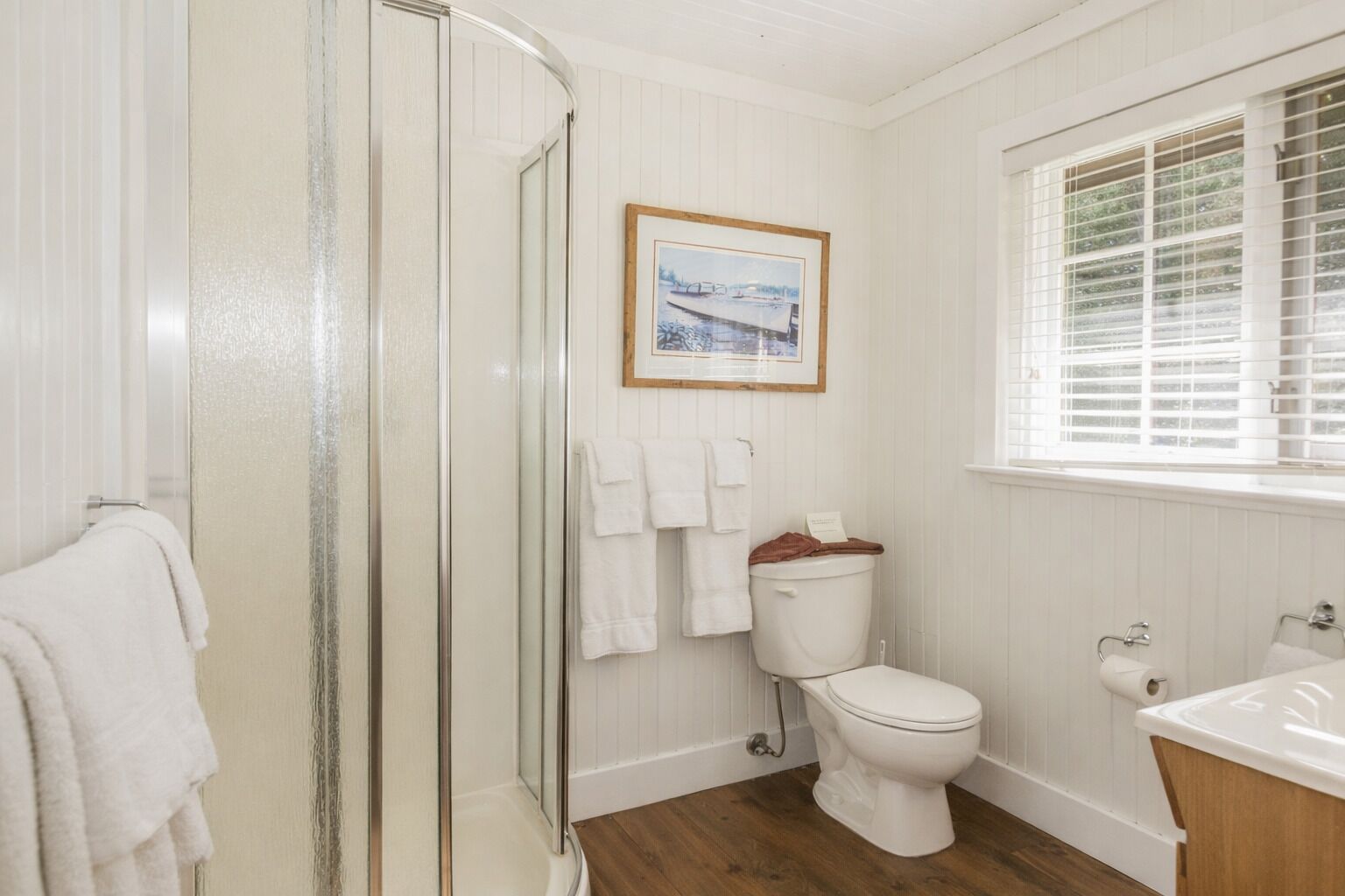 Shower, towels, soap, toilet paper