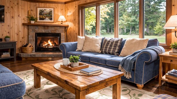 A cozy living room with a fireplace, a blue sofa, and a wooden coffee table.