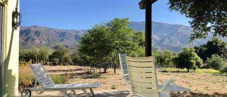 Un espacio de estar techado al aire libre con dos sillones blancos y una mesa, con vistas a un viñedo y montañas.