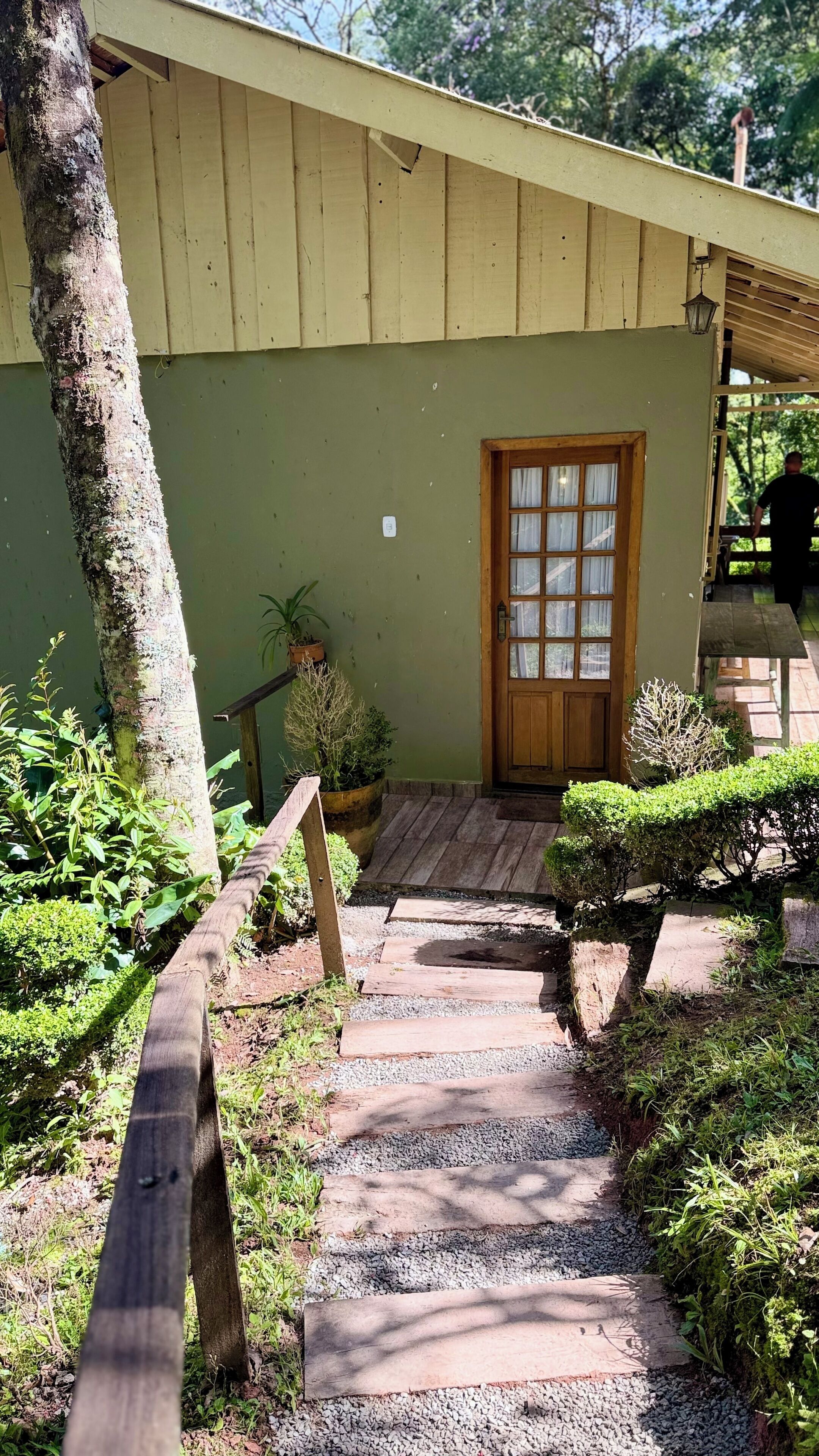 A wooden staircase leading to a building with a green exterior and a wooden door.