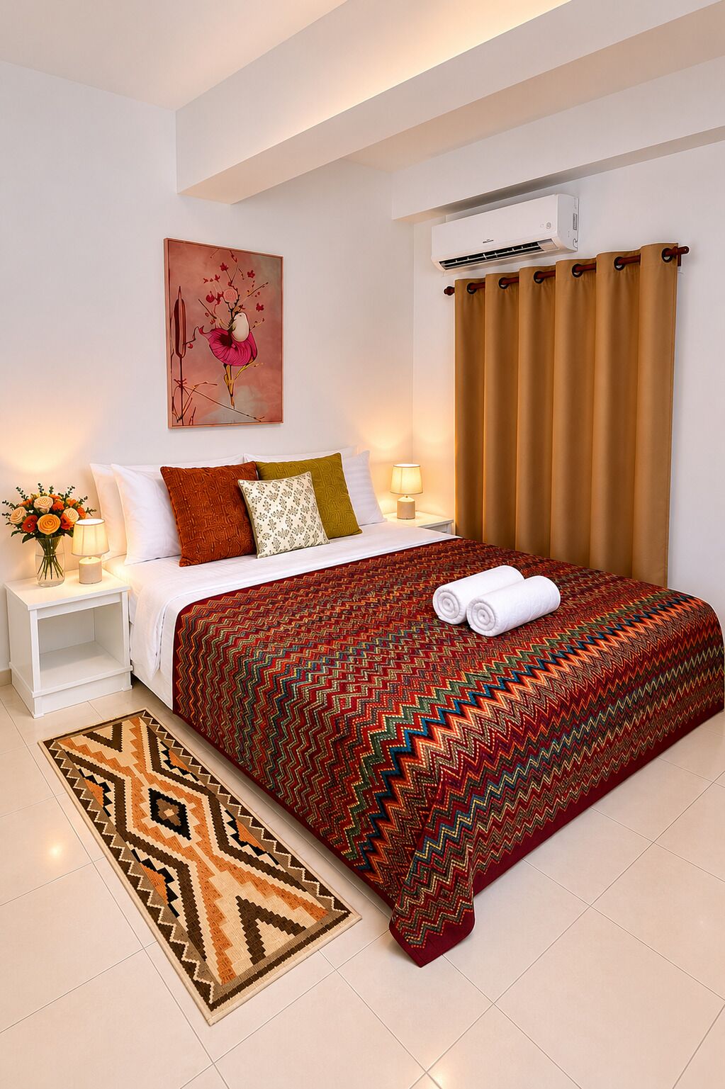 A bedroom with a bed, nightstands, an air conditioner, a painting, and a patterned rug.