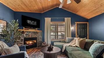 Smart TV, fireplace, DVD player, video library