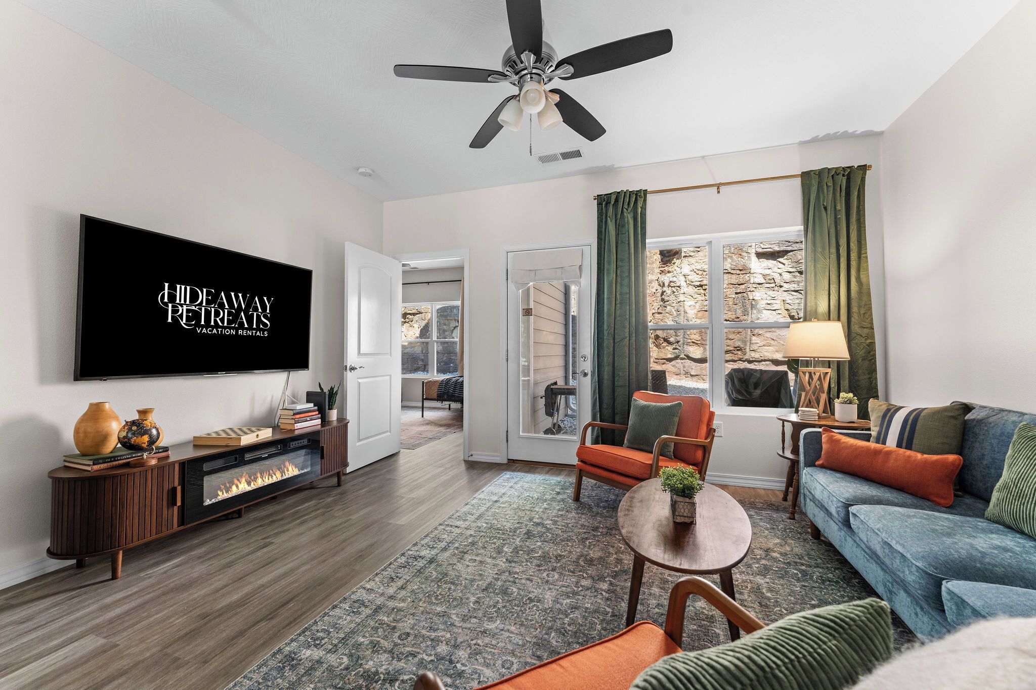 Smart TV, fireplace, books